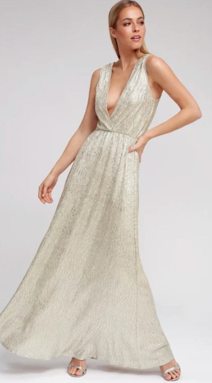 Lulus All That Shimmers Gold Formal Long Gown Dress Deep V-neck Size XS Event